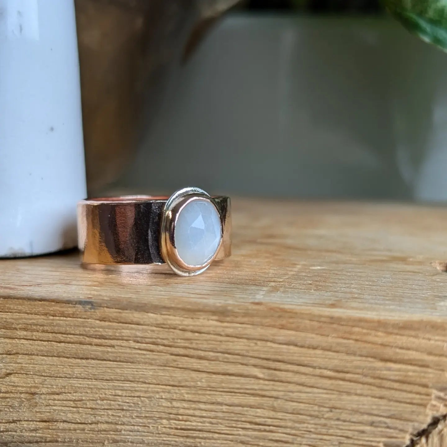 White moonstone and 14k Rose gold wide band ring