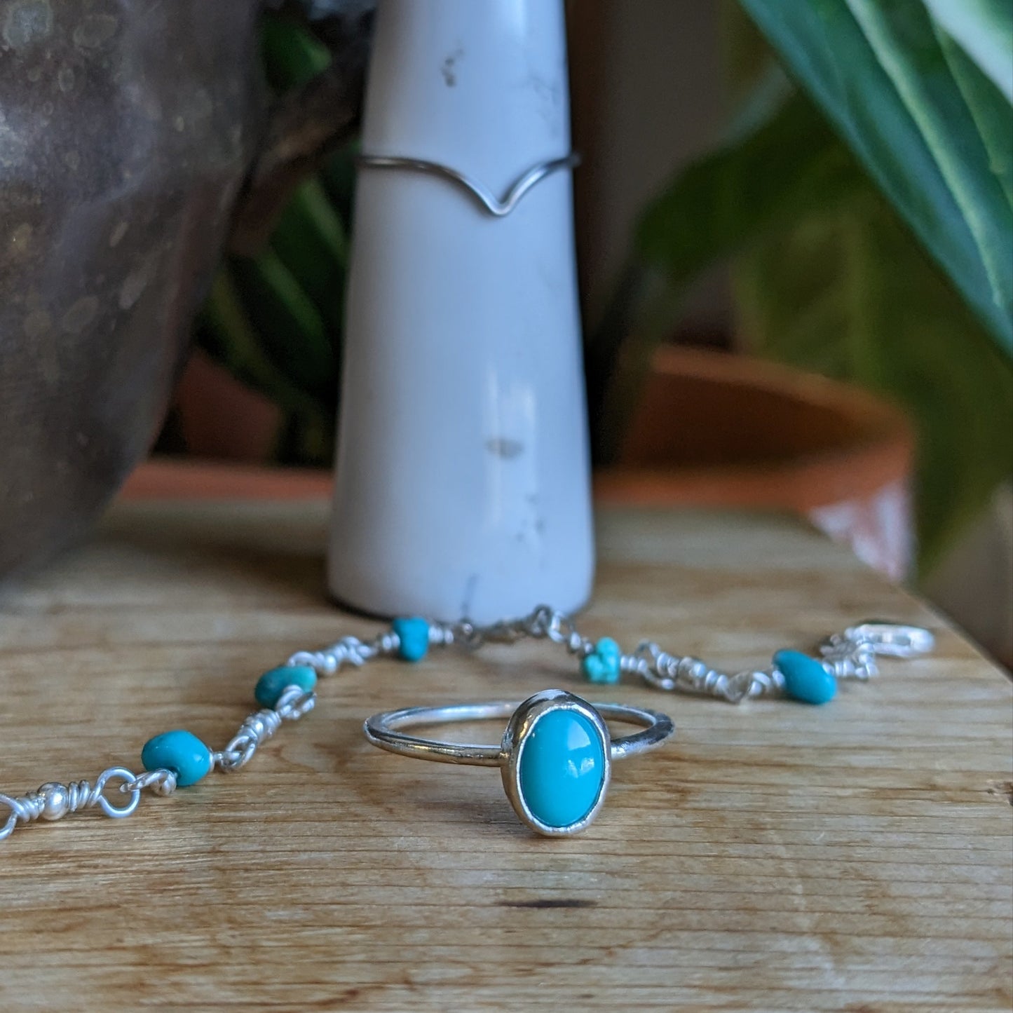 Turquoise rosary necklace, Turquoise ring and Chevron ring