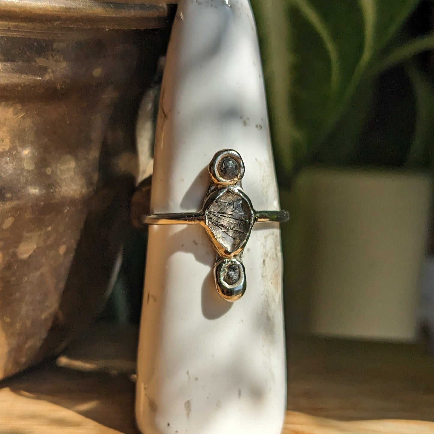 Recycled White gold, rough diamonds and black rutilated quartz ring