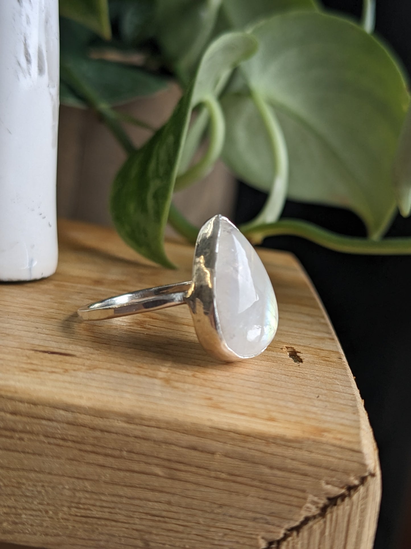 Rainbow Moonstone Ring - medium tear drop