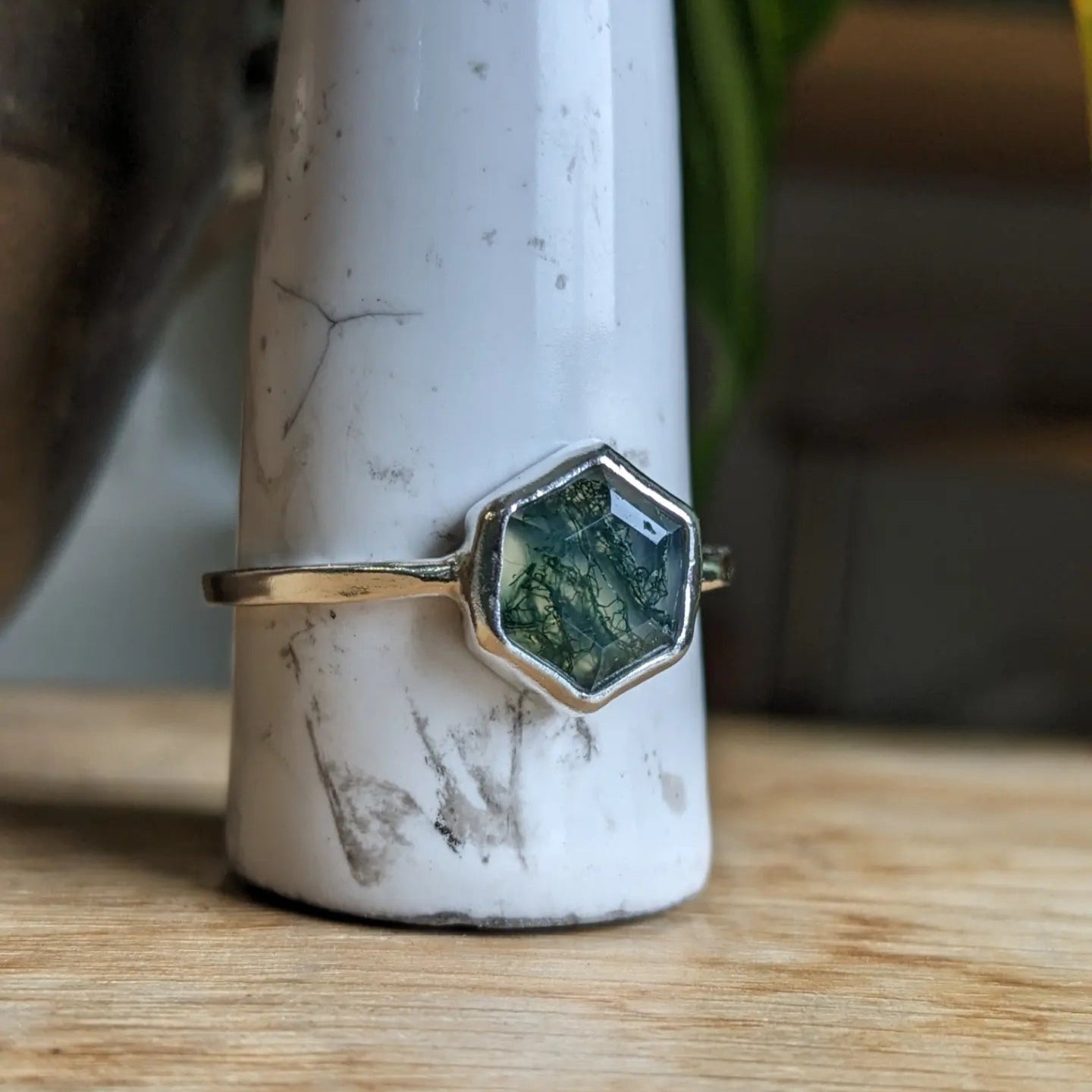 Moss Agate hex rings