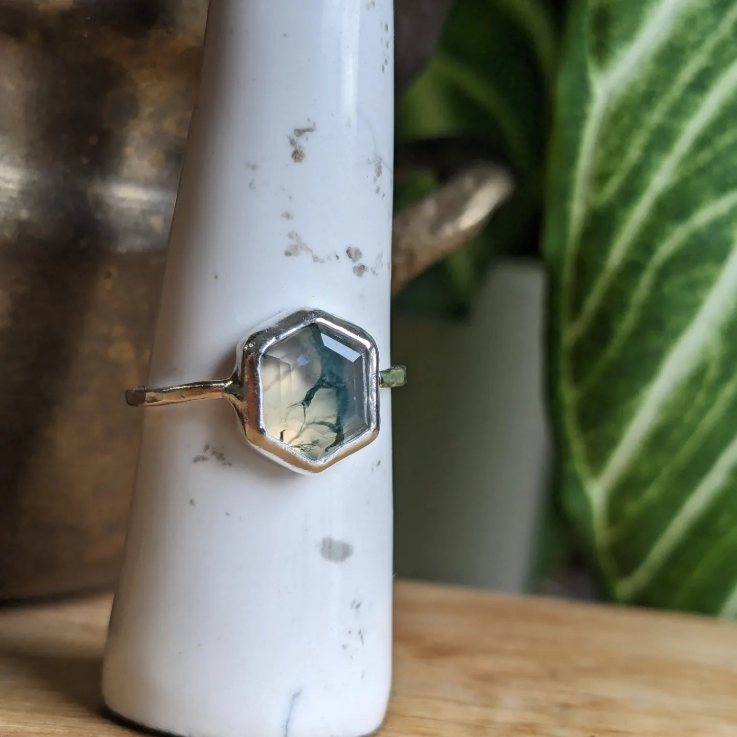 Moss Agate hex rings