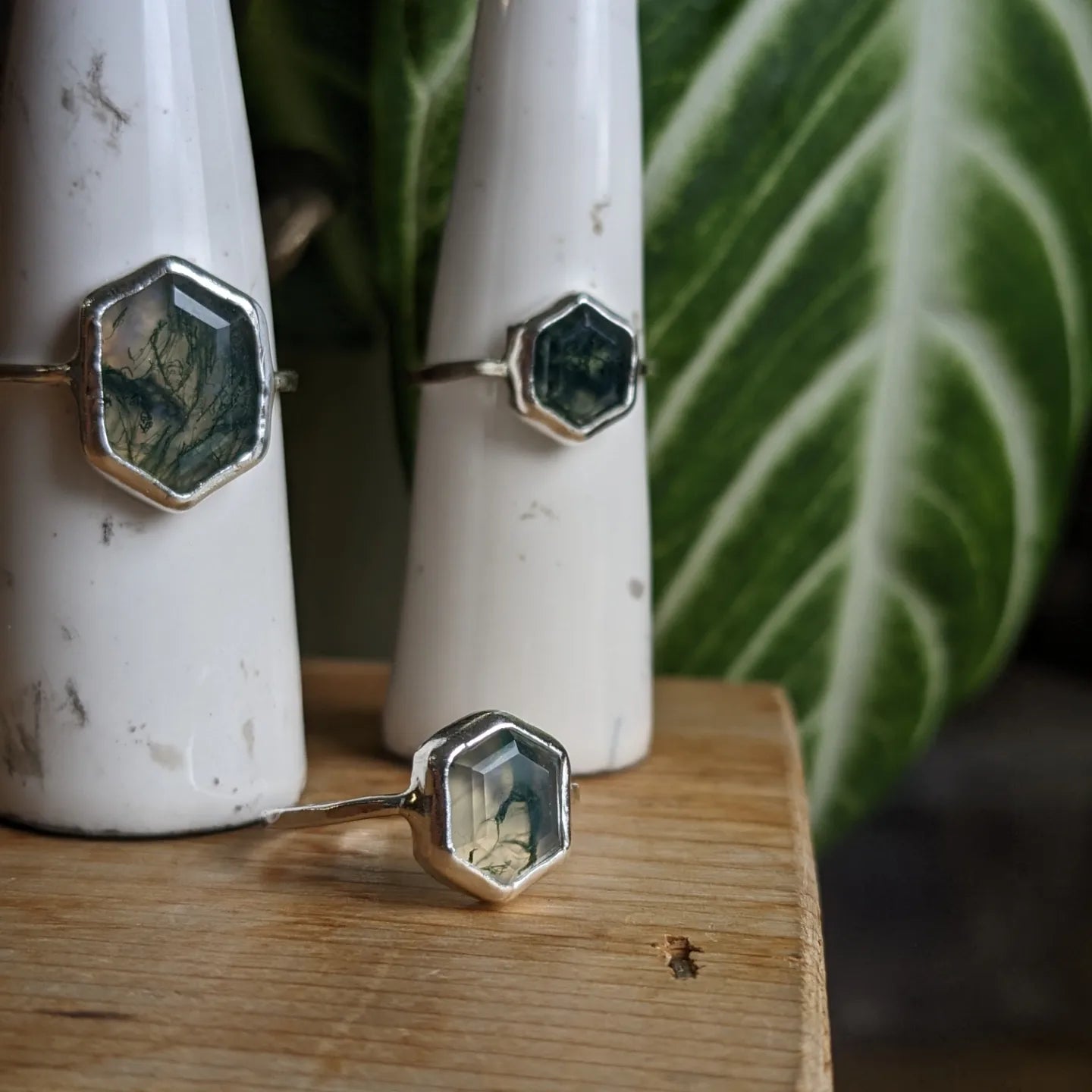 Moss Agate hex rings