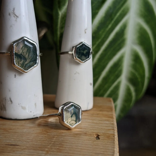 Moss Agate hex rings