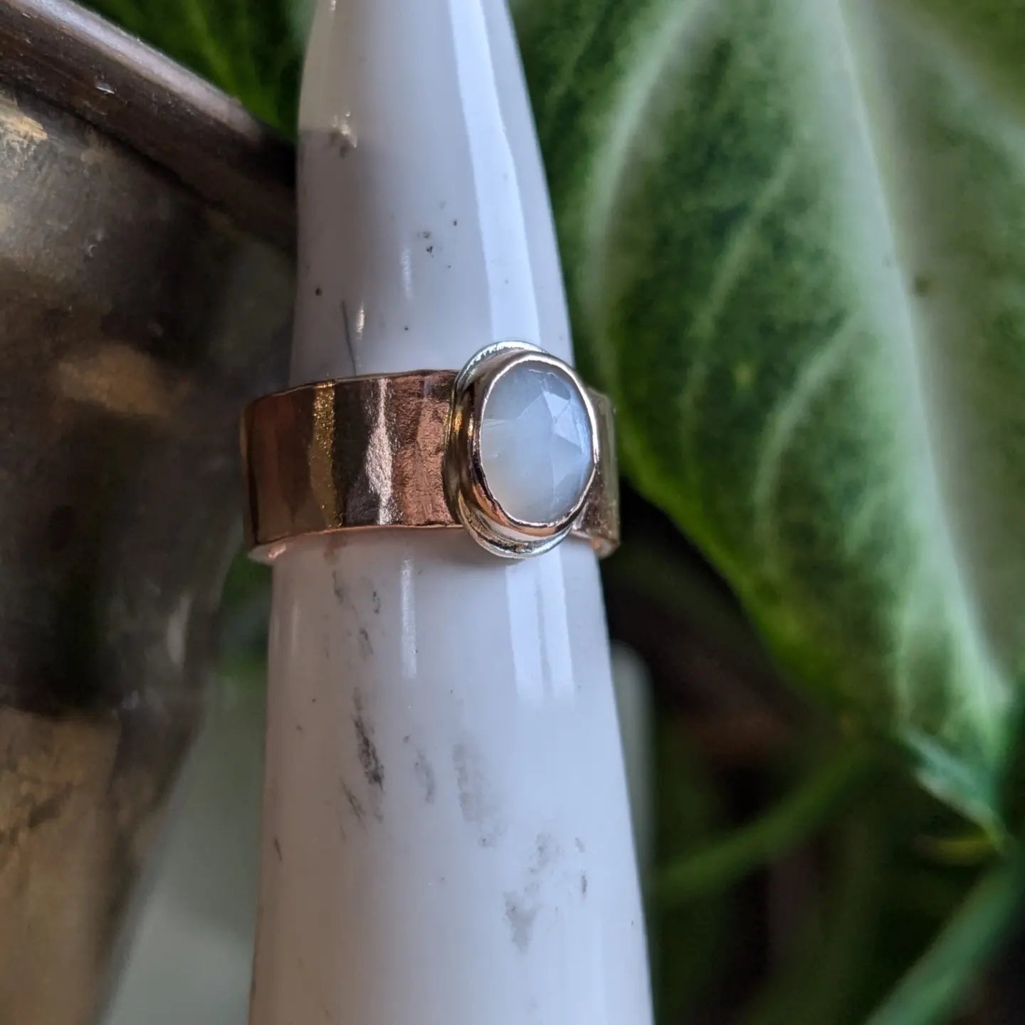 White moonstone and 14k Rose gold wide band ring