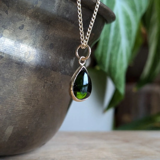 Diopside and gold necklace - green tourmaline and gold bangle bracelet