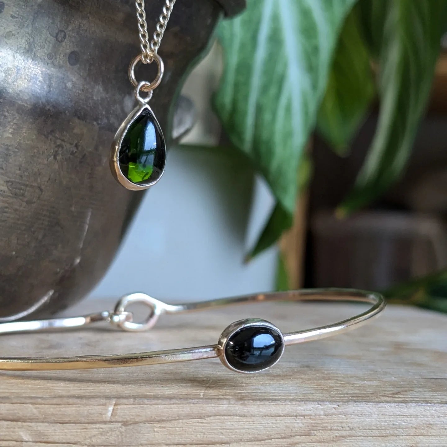 Diopside and gold necklace - green tourmaline and gold bangle bracelet