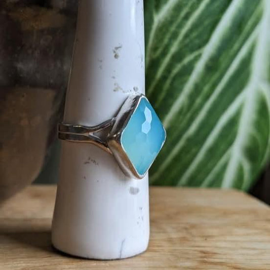 Sea foam blue chalcedony double band ring