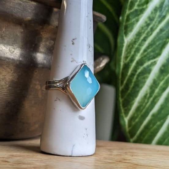 Sea foam blue chalcedony double band ring