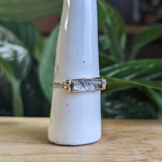 Black tourmaline rutilated quartz with gold accents and silver band