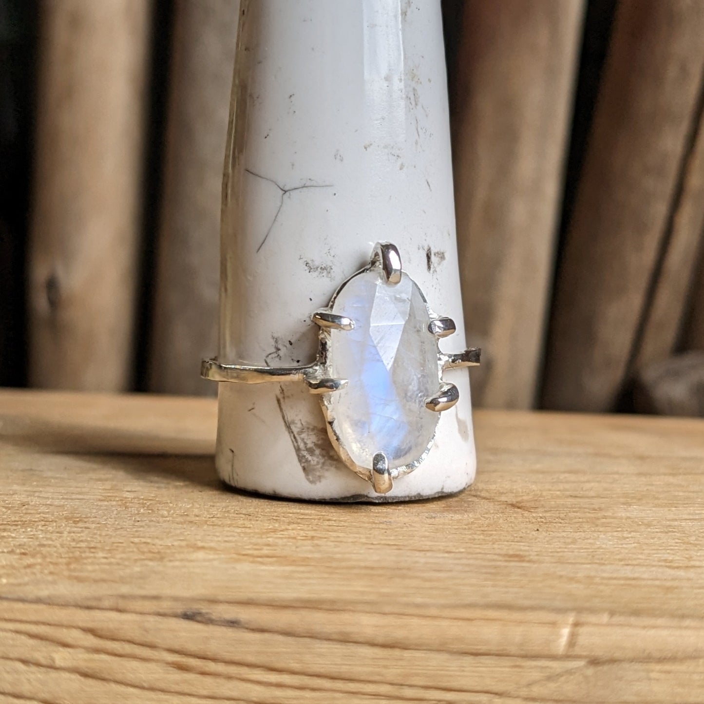 Rainbow moonstone, claw setting ring
