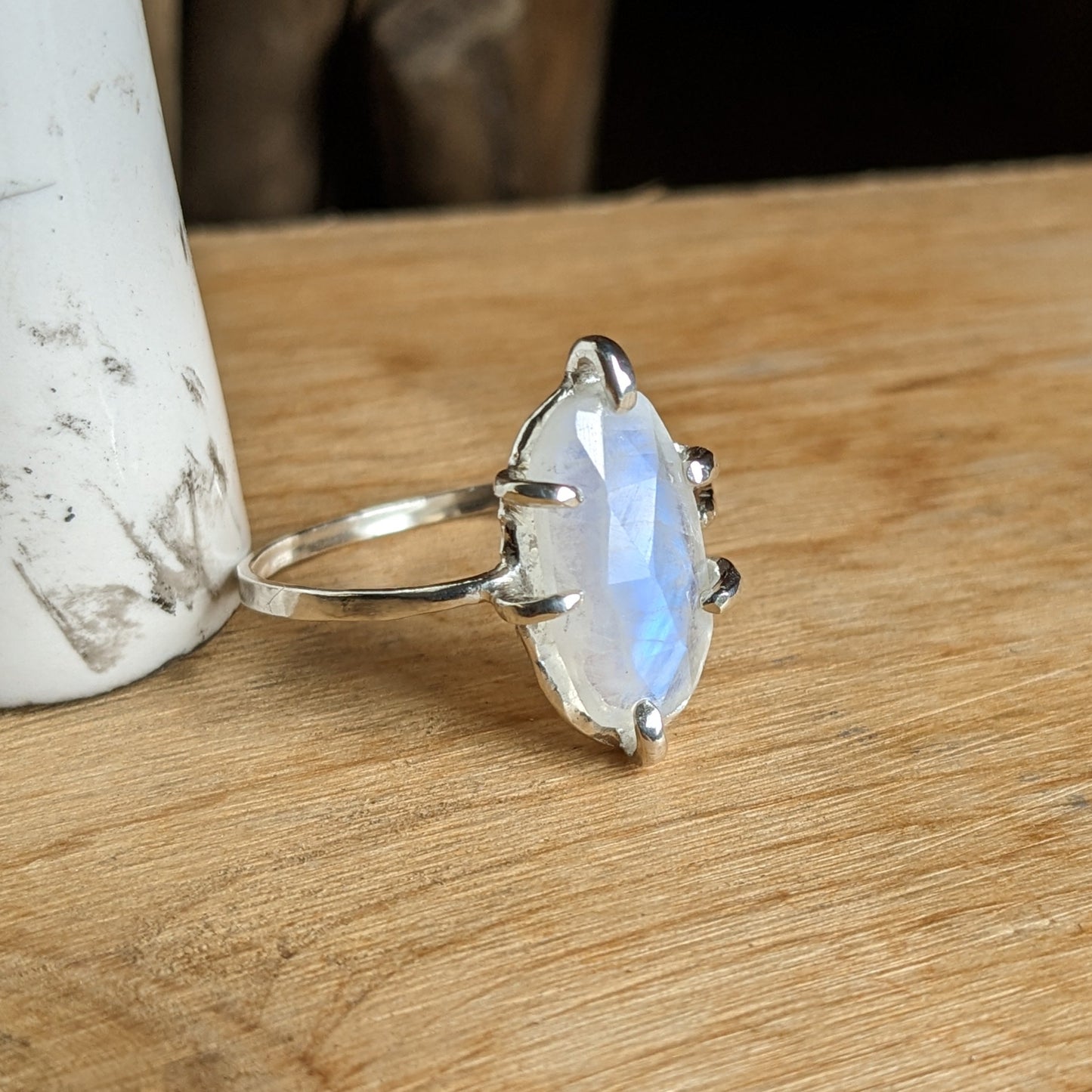 Rainbow moonstone, claw setting ring
