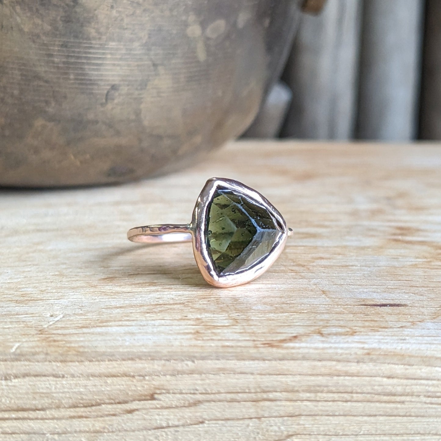 Moldavite and 14k Rose gold ring