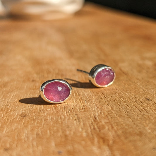 Silver and Soft pink ruby ear studs