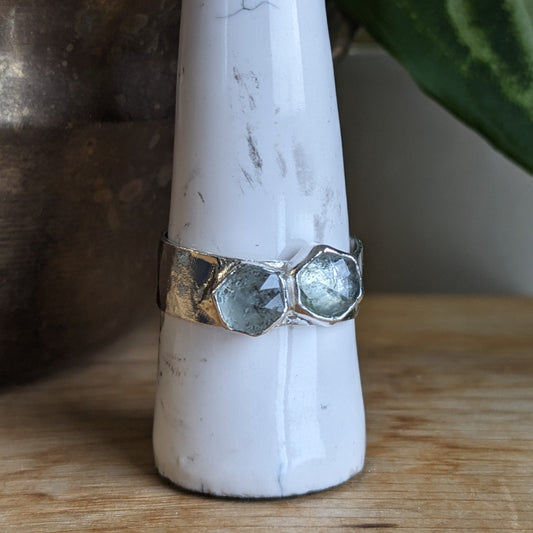 Moss aquamarine and silver ring
