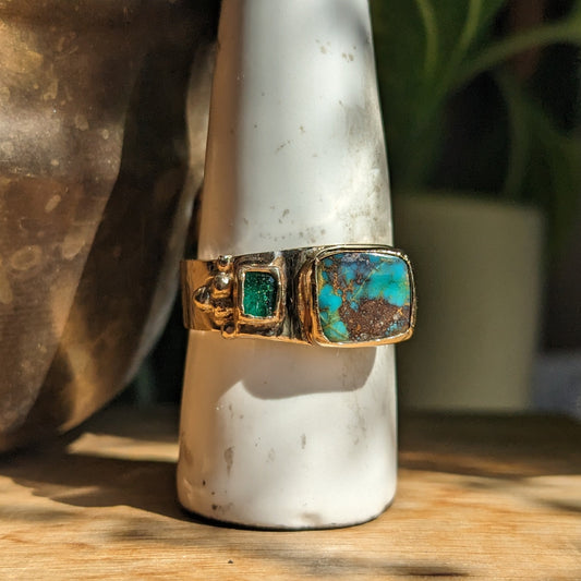 Persian turquoise, Colombian Emerald and recycled Gold ring
