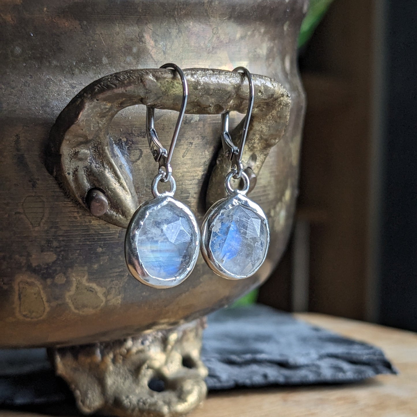 Rainbow Moonstone pendant earrings with closed ear hooks