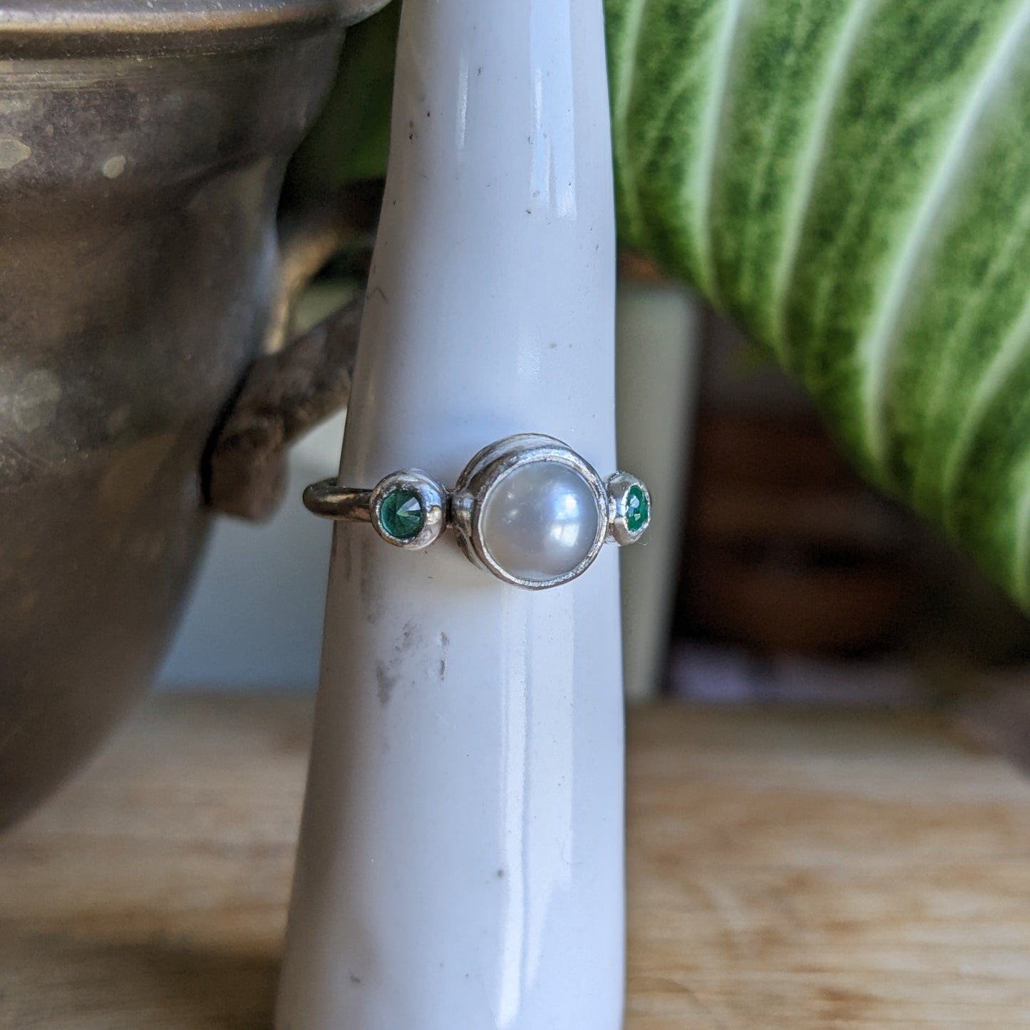 Pearl and Emerald engagement ring