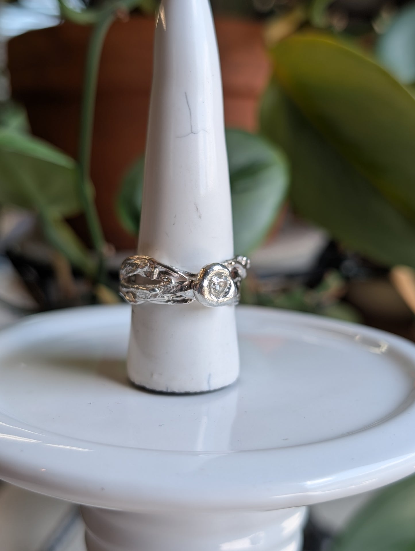 Moissanite heart and flowing silver ring