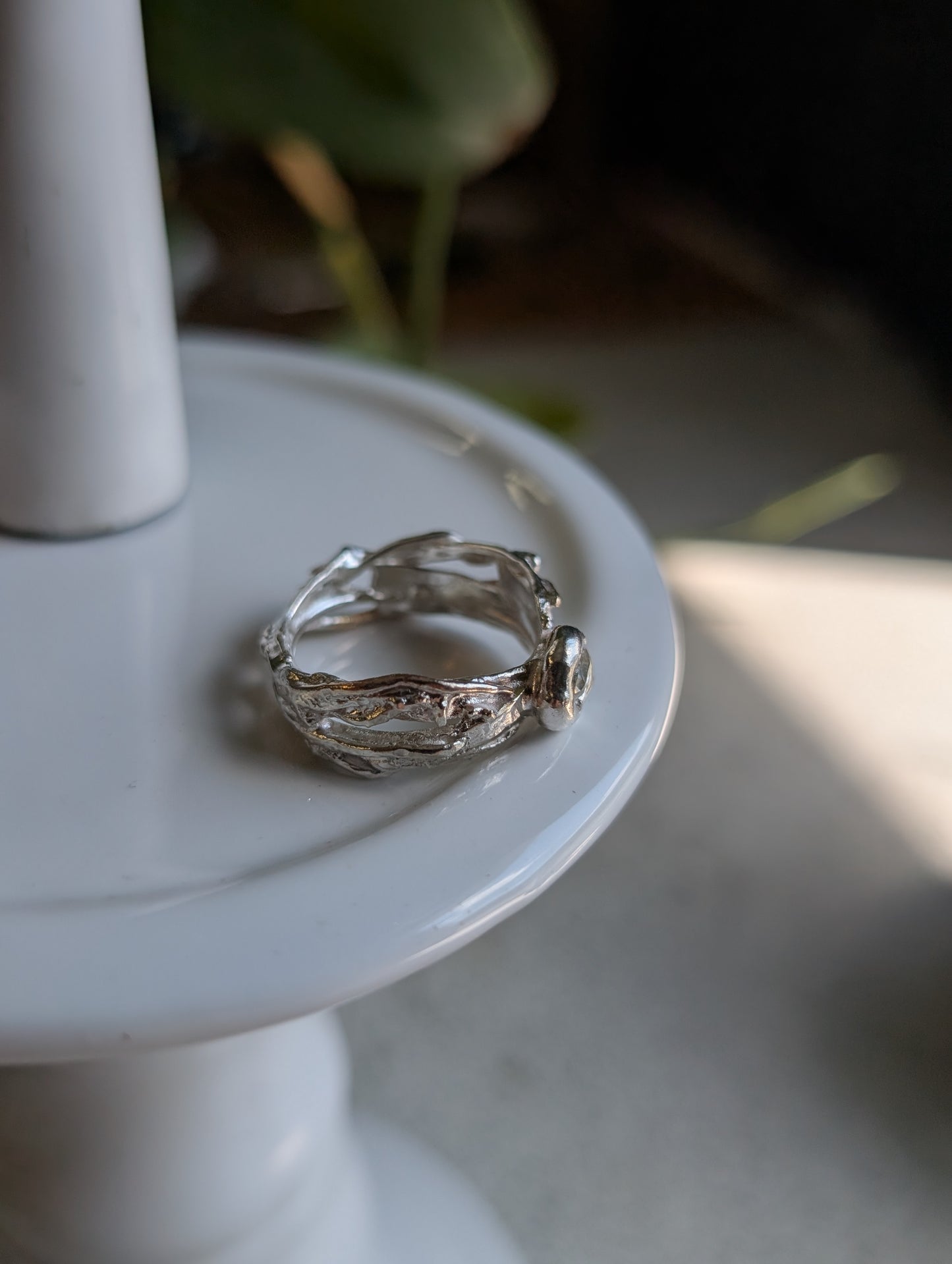 Moissanite heart and flowing silver ring