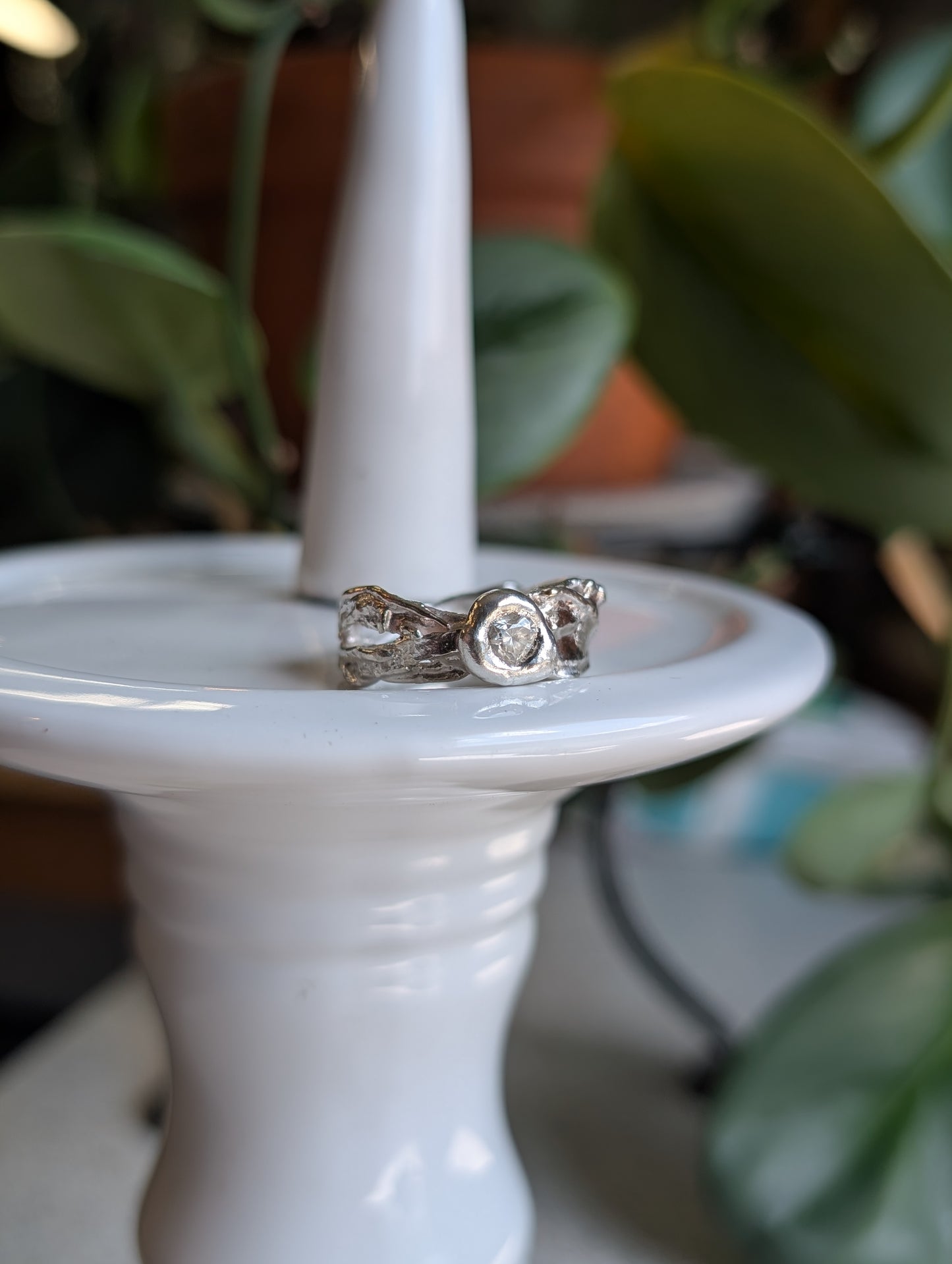 Moissanite heart and flowing silver ring