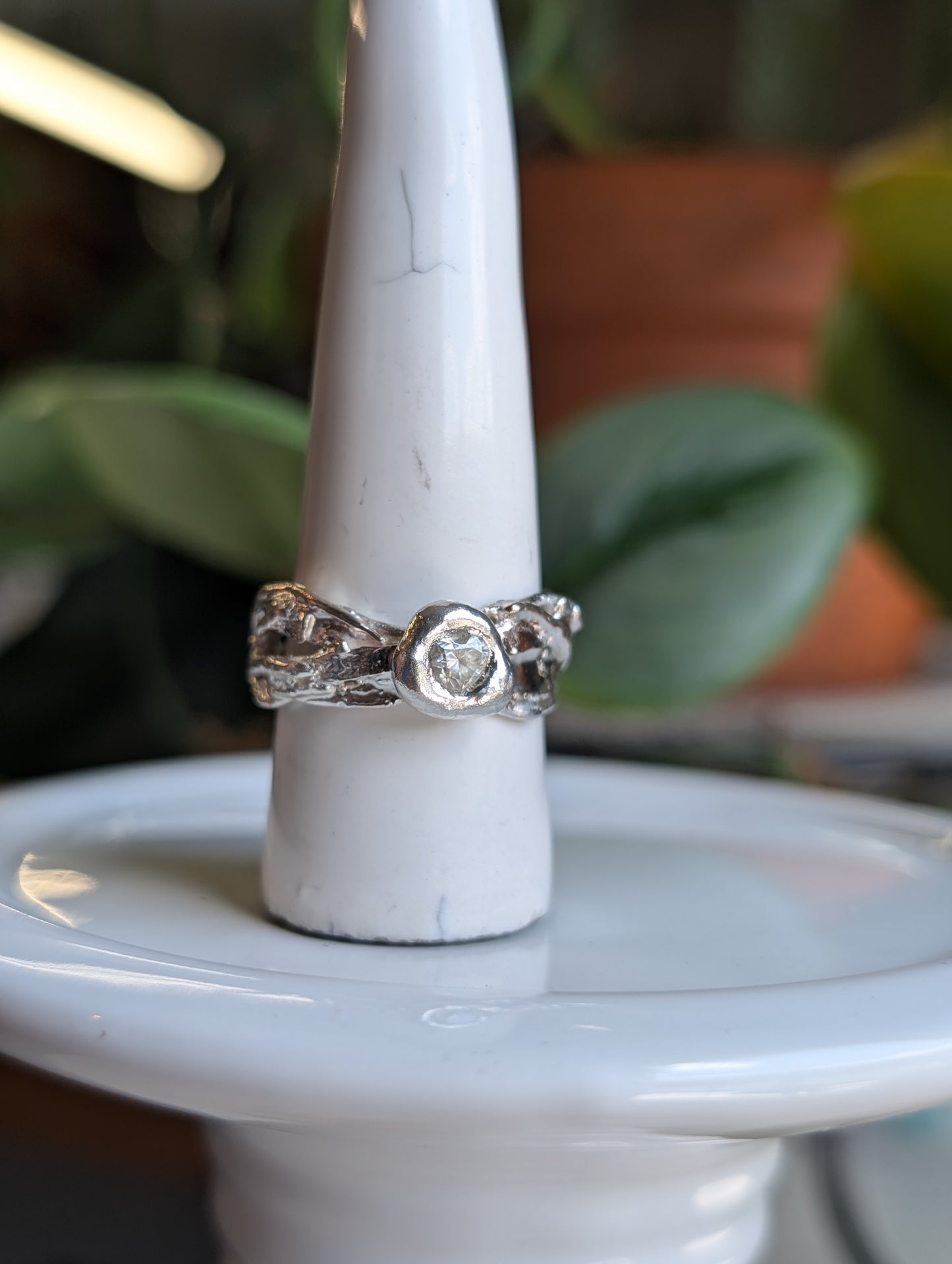Moissanite heart and flowing silver ring