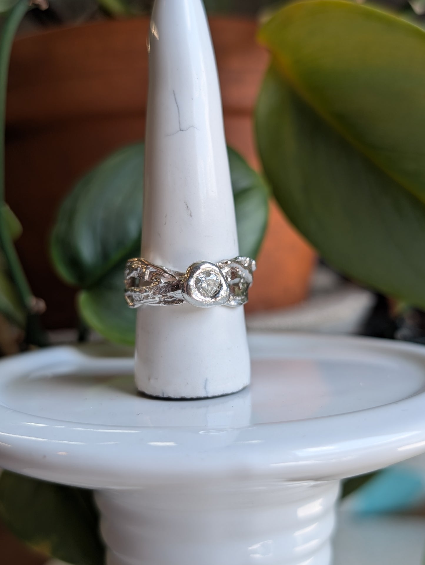 Moissanite heart and flowing silver ring