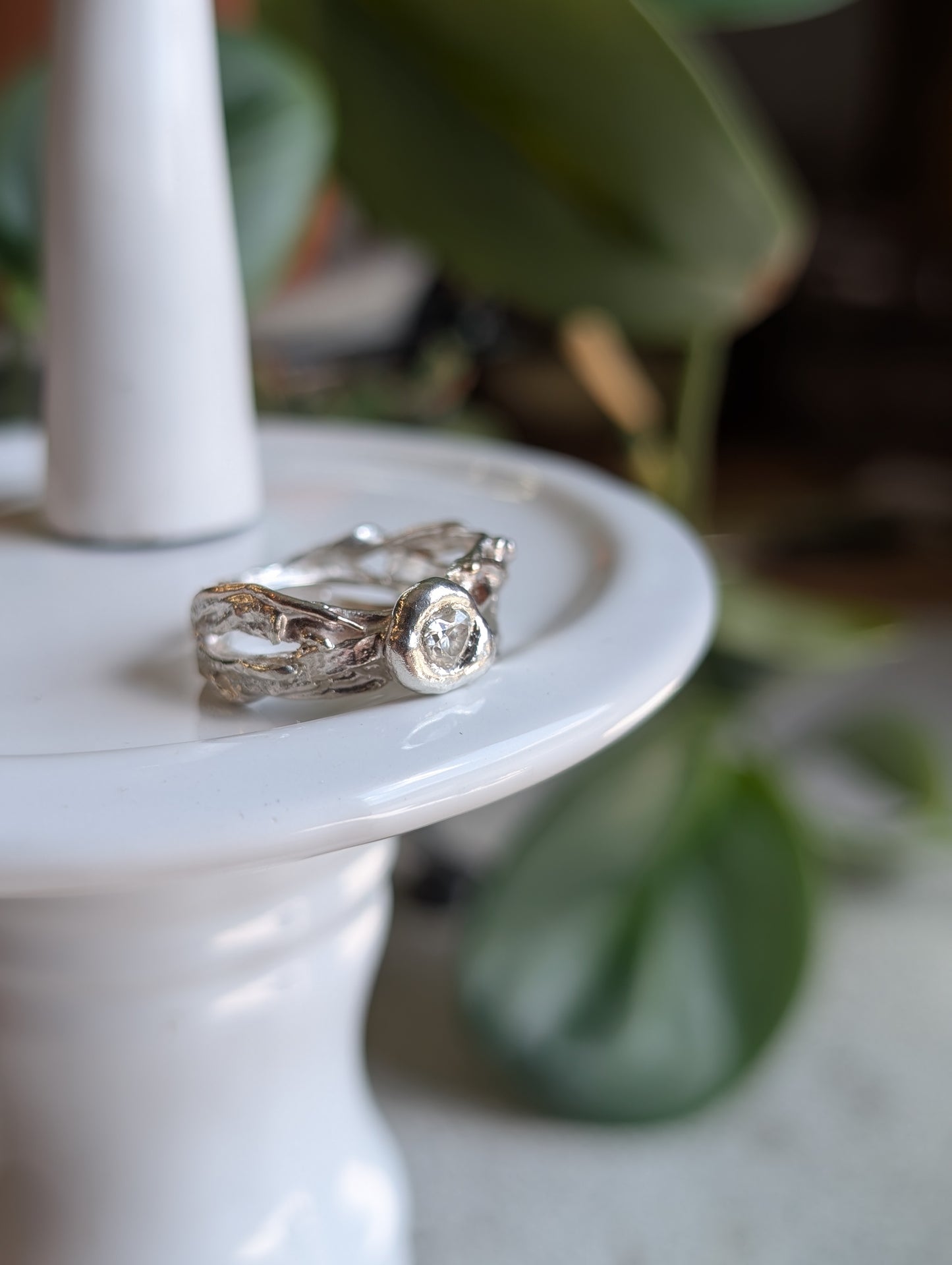 Moissanite heart and flowing silver ring