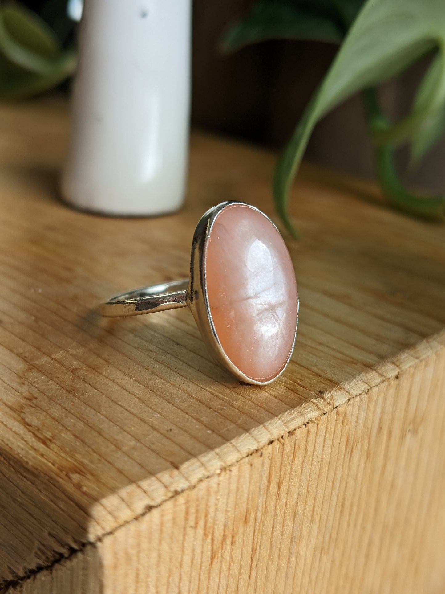 Peach Moonstone Ring - elongated oval