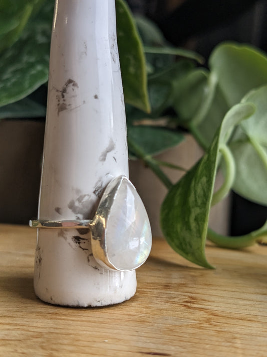 Rainbow Moonstone Ring - medium tear drop