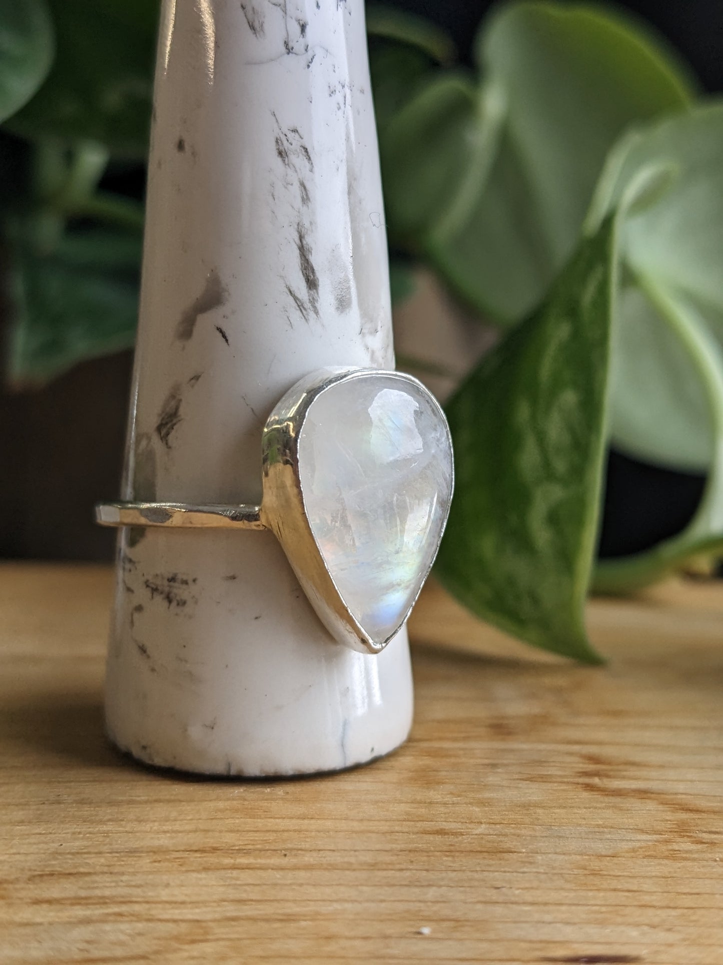 Rainbow Moonstone Ring - medium tear drop