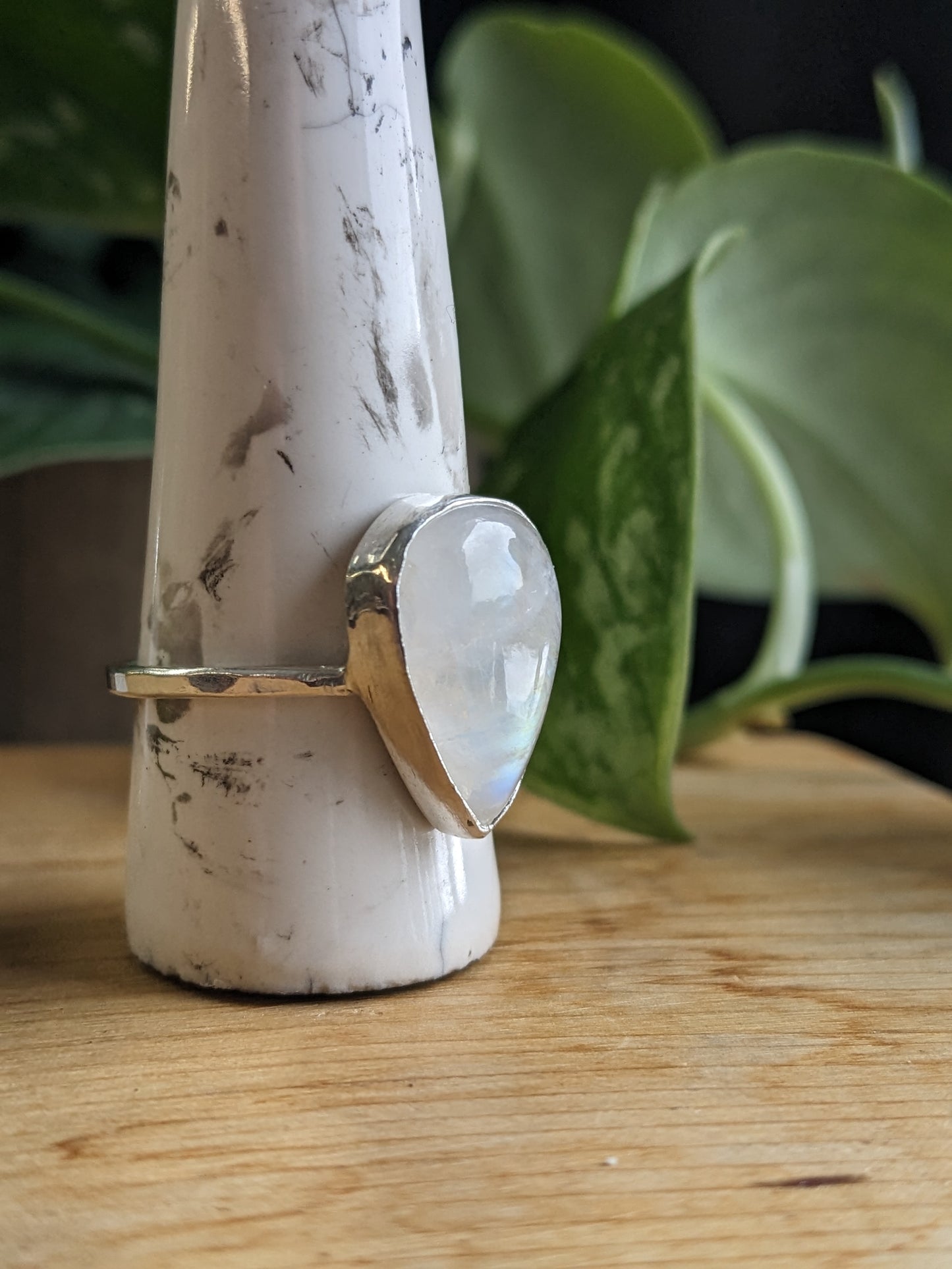 Rainbow Moonstone Ring - medium tear drop