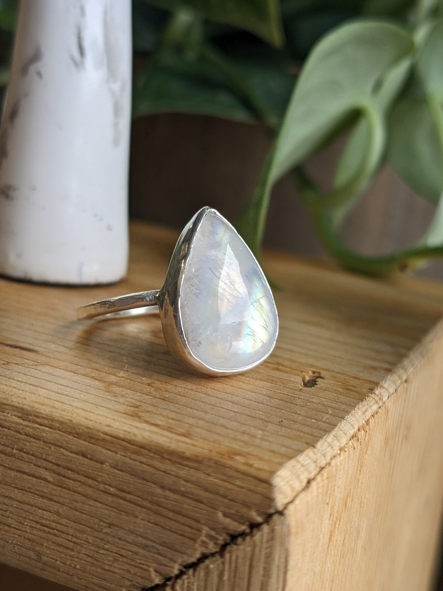 Rainbow Moonstone Ring - medium tear drop