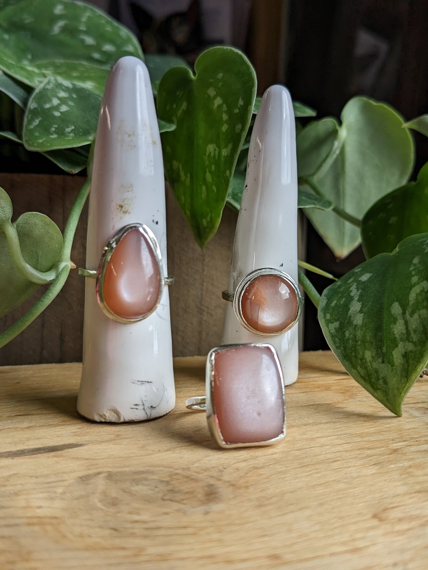 Peach Moonstone Ring - Tear Drop w wide base