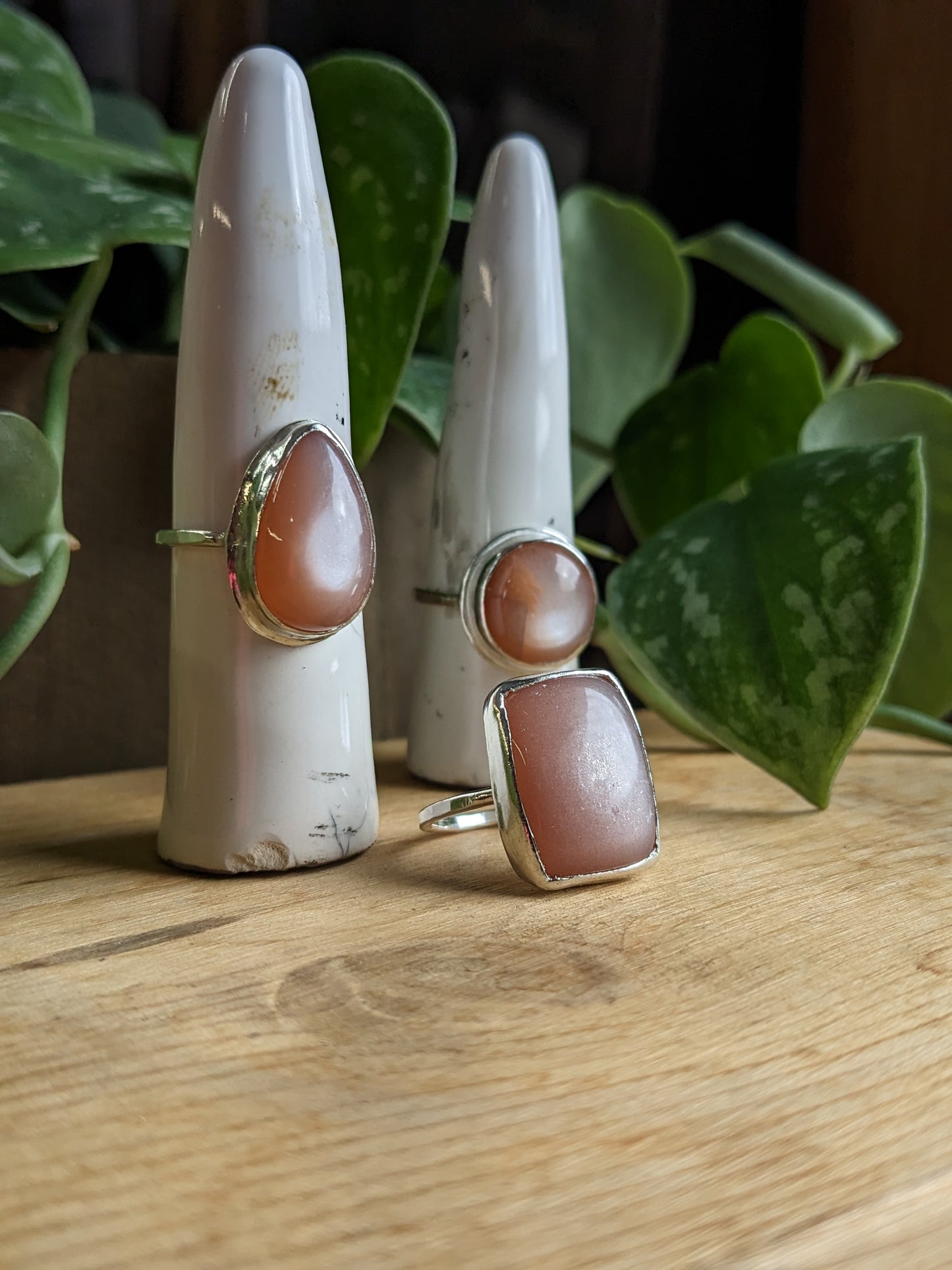 Peach Moonstone Ring - Tear Drop w wide base