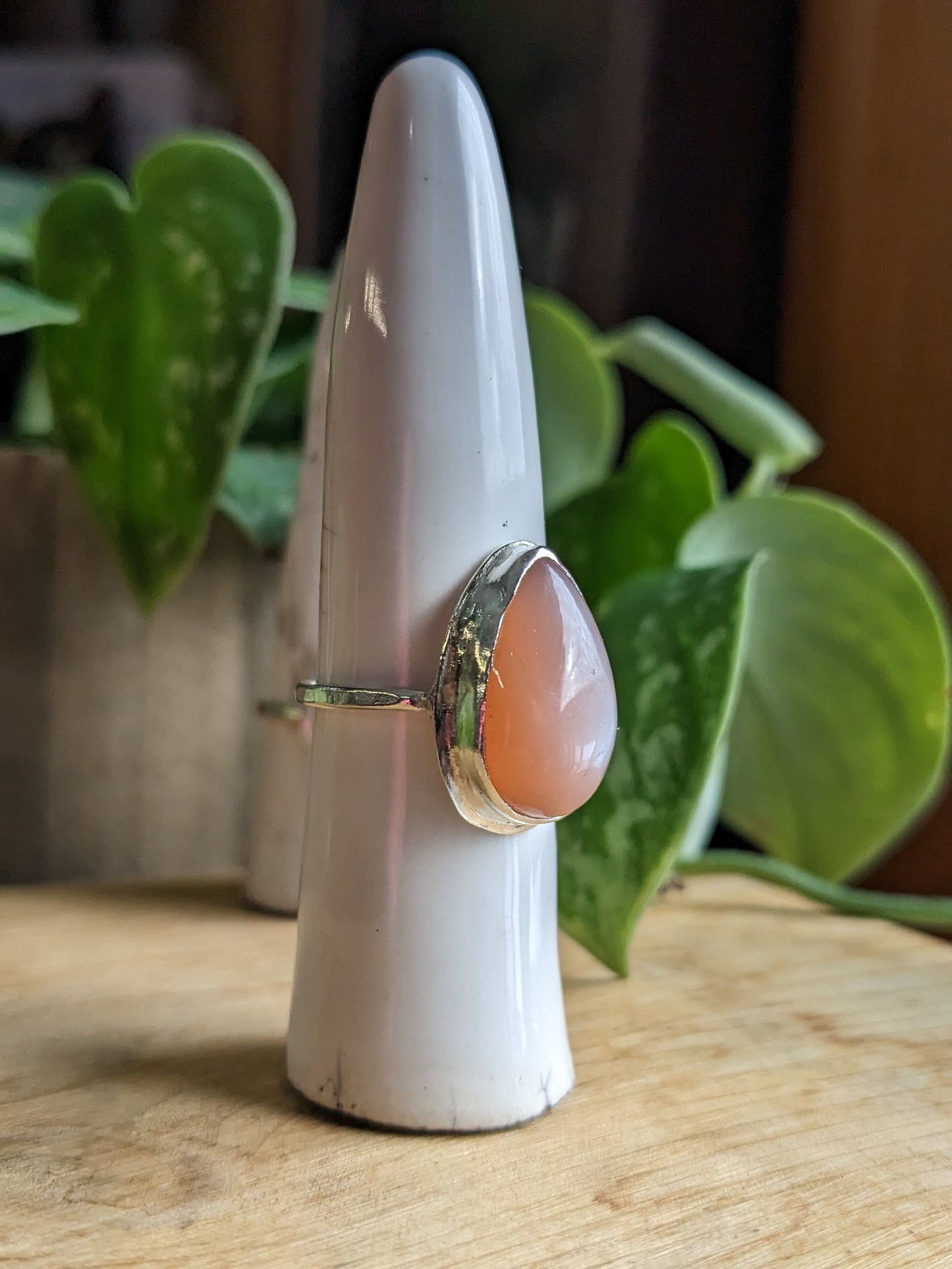 Peach Moonstone Ring - Tear Drop w wide base