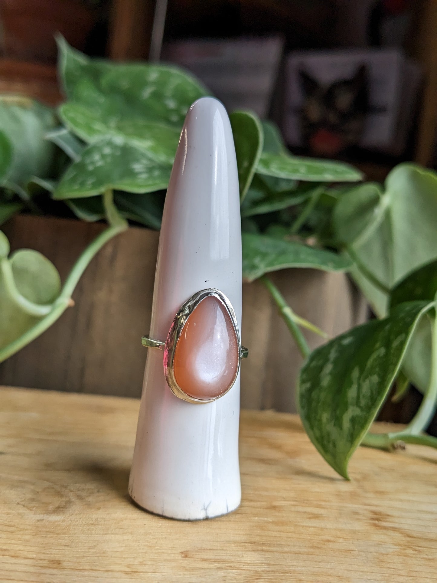Peach Moonstone Ring - Tear Drop w wide base