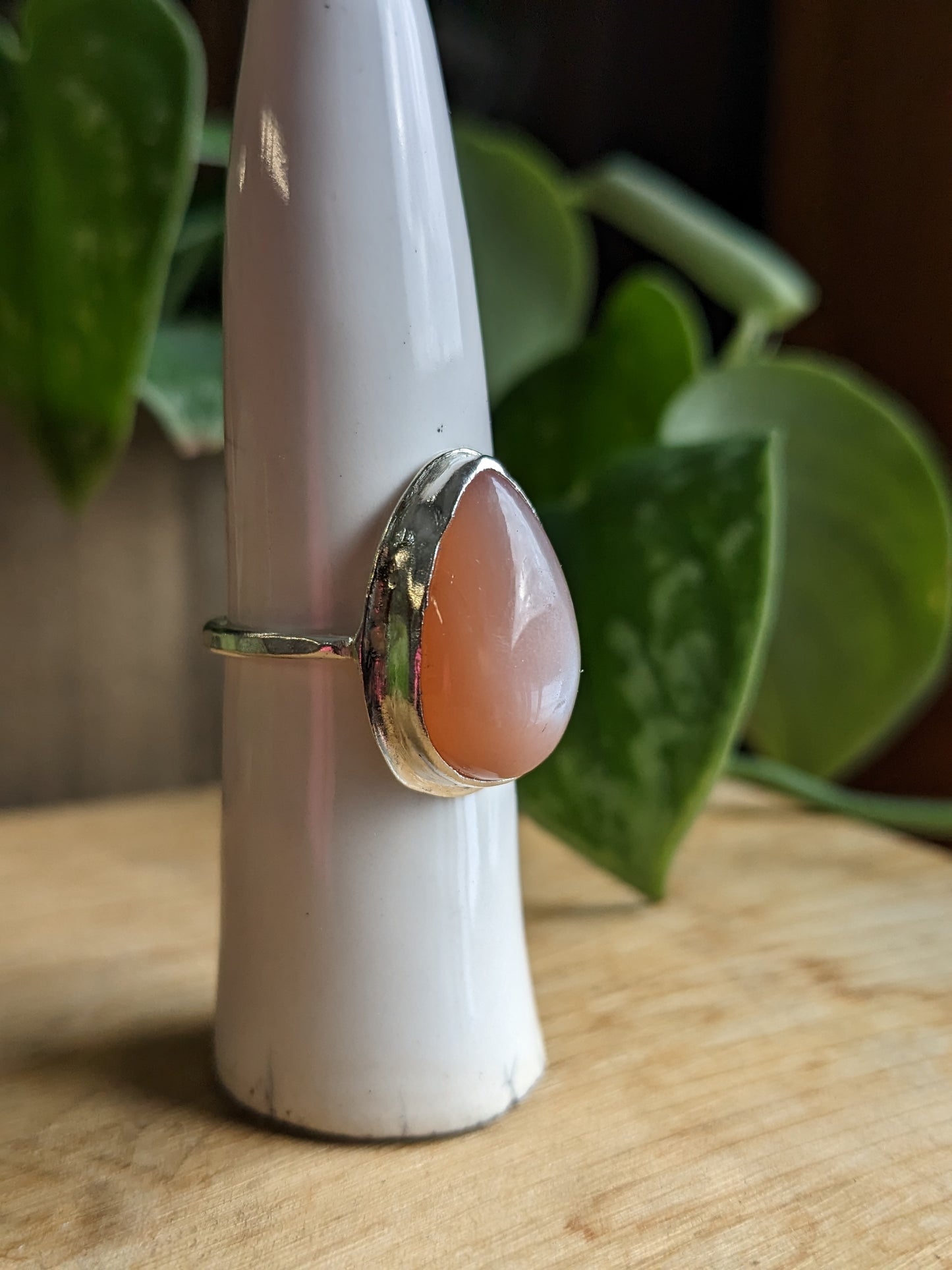 Peach Moonstone Ring - Tear Drop w wide base