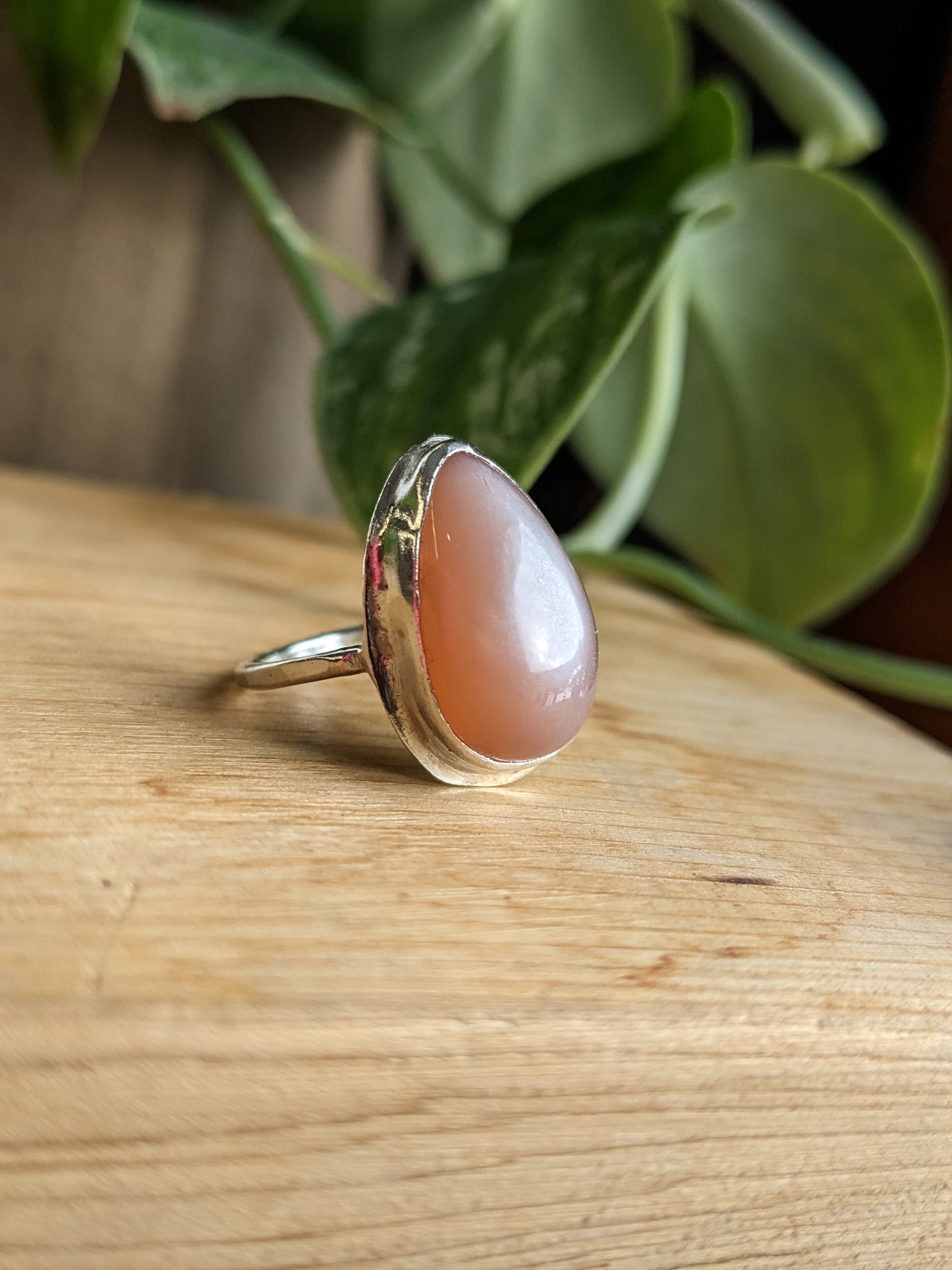 Peach Moonstone Ring - Tear Drop w wide base