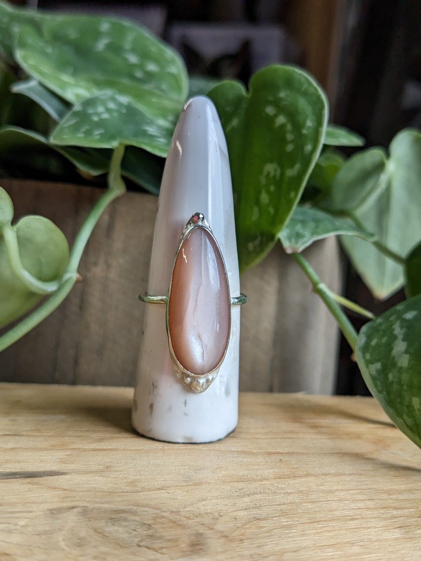 Peach Moonstone Ring - Elongated Tear Drop w Silver Dots