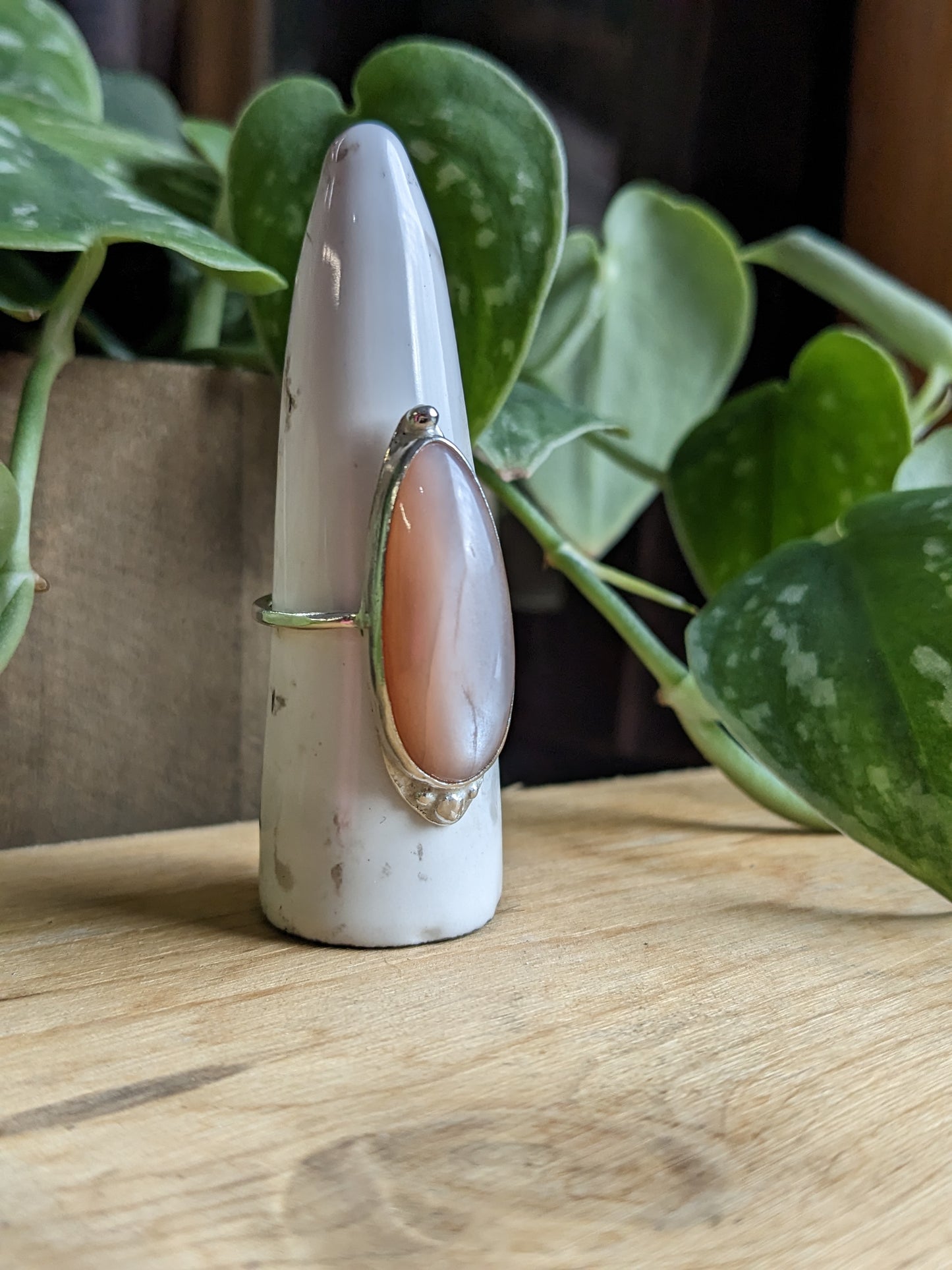 Peach Moonstone Ring - Elongated Tear Drop w Silver Dots