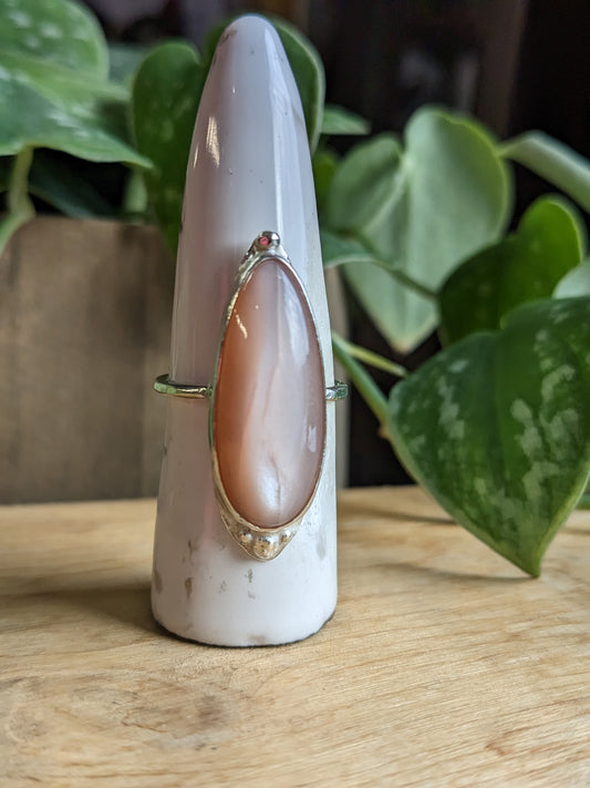 Peach Moonstone Ring - Elongated Tear Drop w Silver Dots