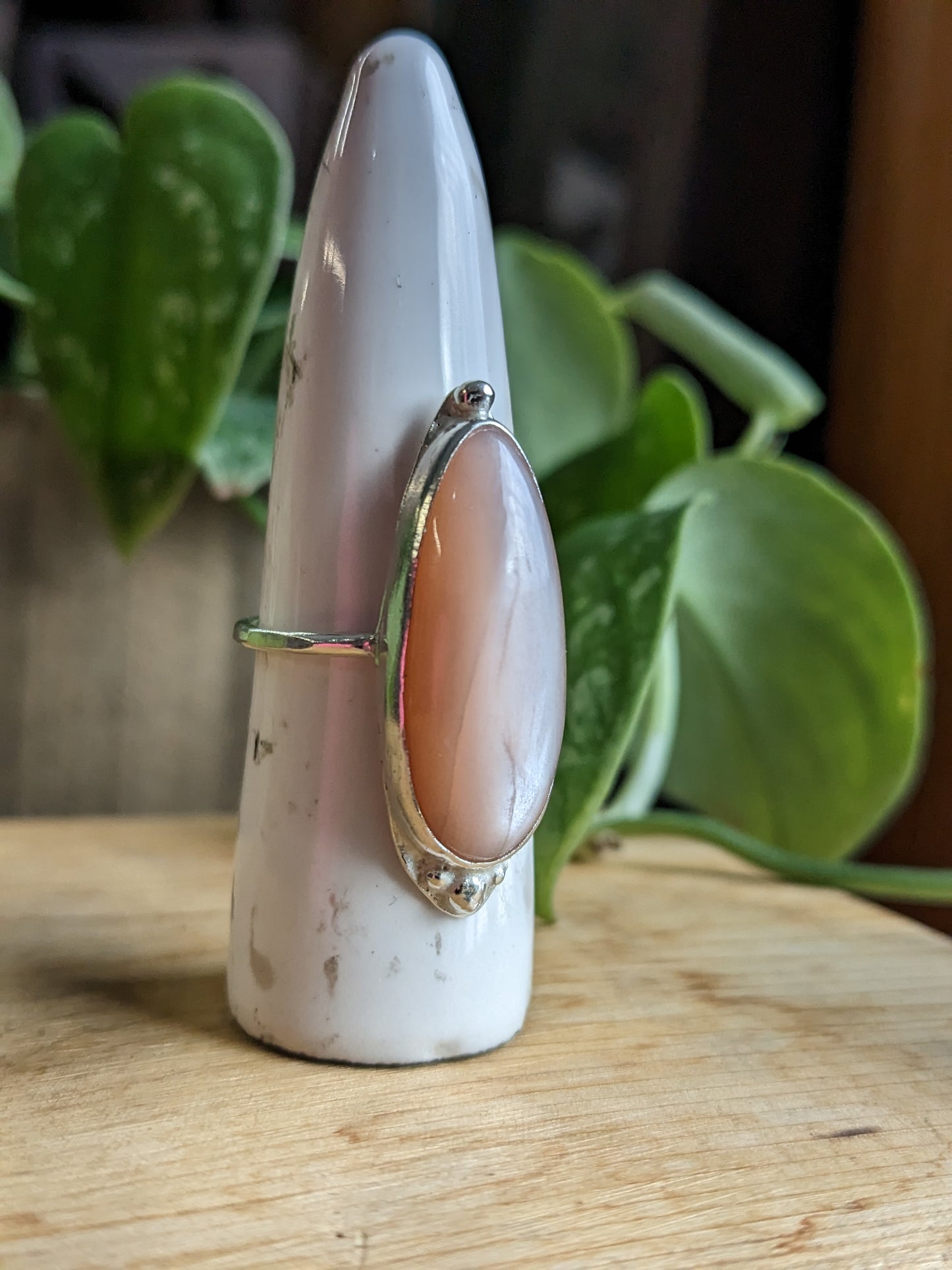 Peach Moonstone Ring - Elongated Tear Drop w Silver Dots
