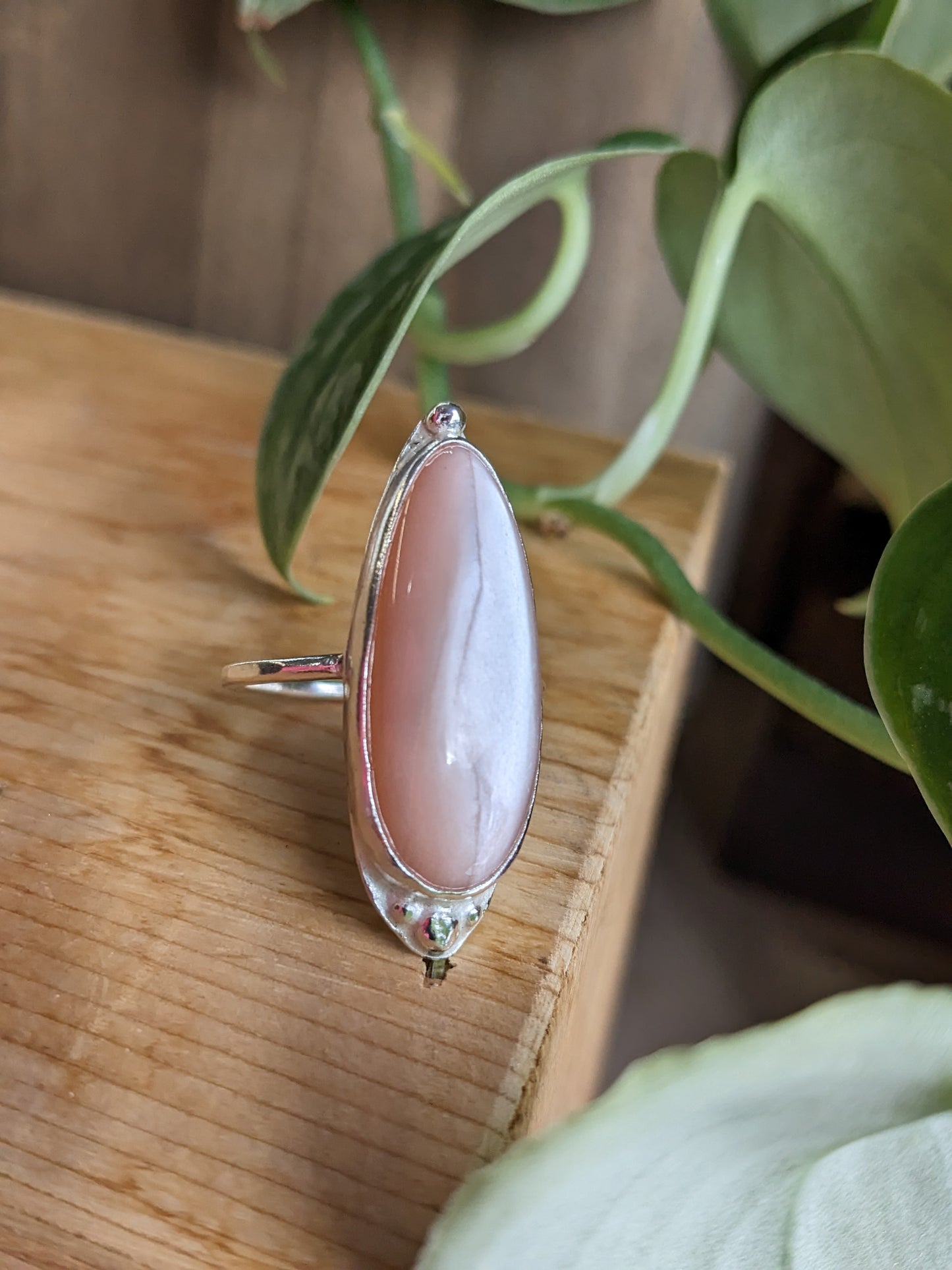 Peach Moonstone Ring - Elongated Tear Drop w Silver Dots
