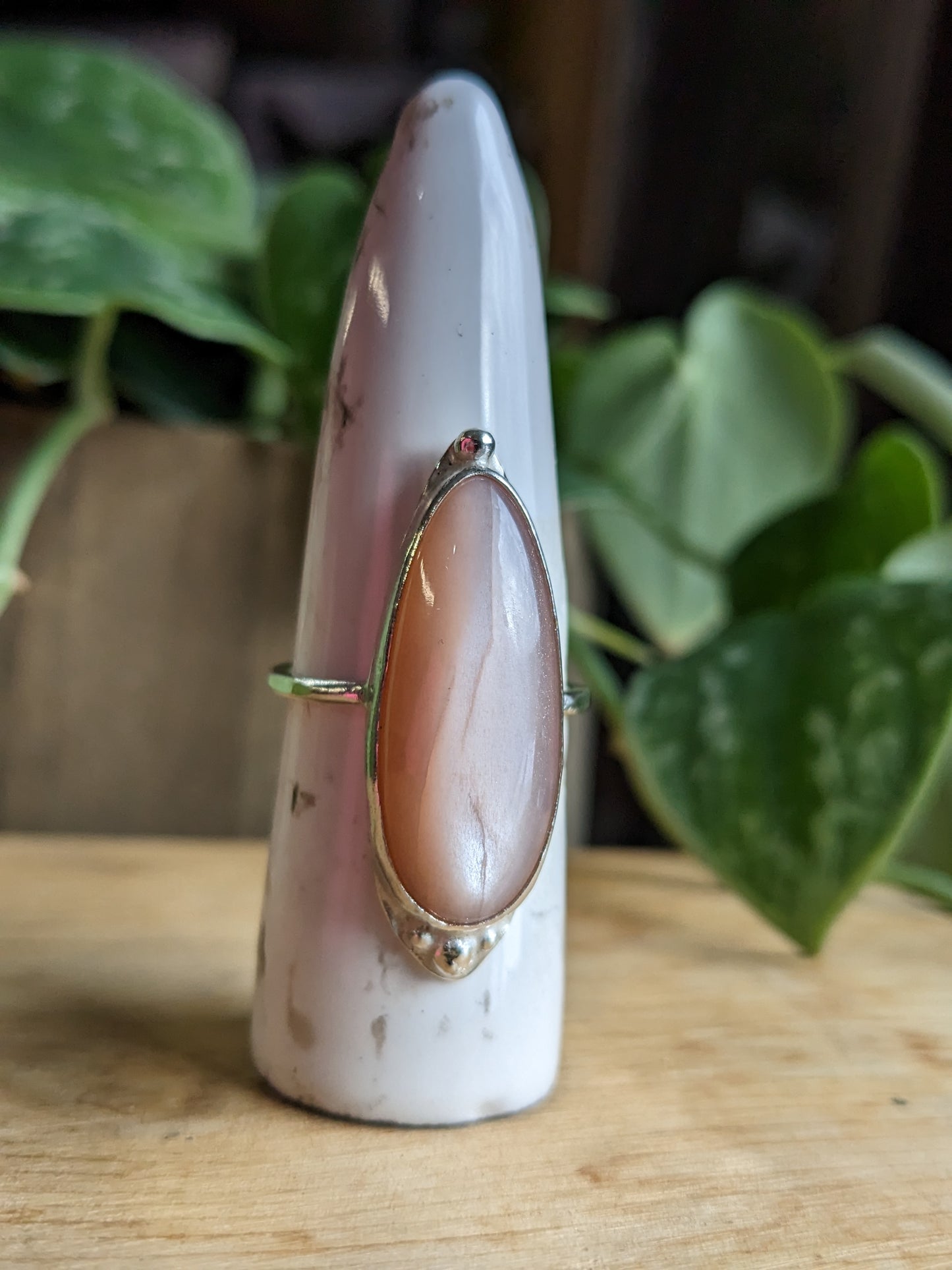 Peach Moonstone Ring - Elongated Tear Drop w Silver Dots