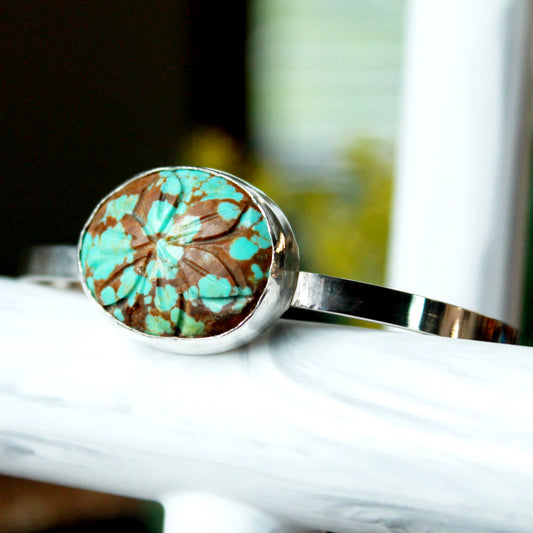 Bracelet turquoise mine #8 sculpté fleur